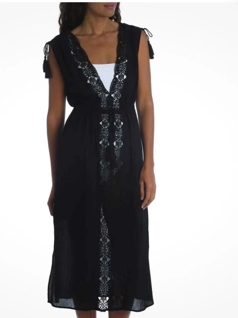 La Blanca Island Fare Midi Coverup Gauze Dress, Black, Size Large, NWT